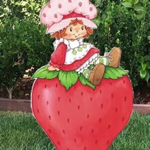 Classic Strawberry Shortcake Sitting on Strawberry 4 Foot Coroplast Cutout Yard Sign Life Size Prop Decoration Party Birthday