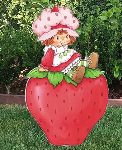 Classic Strawberry Shortcake Sitting on Strawberry 4 Foot Coroplast Cutout Yard Sign Life Size Prop Decoration Party Birthday