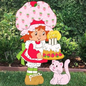 Classic Strawberry Shortcake with Cake and Cat 4 Foot Coroplast Cutout Yard Sign Life Size Prop Decoration Party Birthday