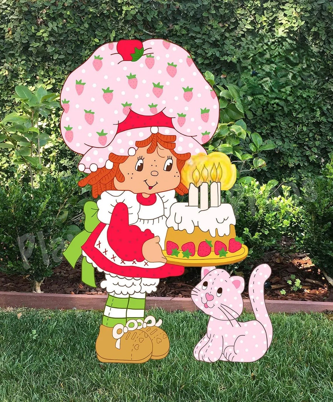 Classic Strawberry Shortcake with Cake and Cat 4 Foot Coroplast Cutout Yard Sign Life Size Prop Decoration Party Birthday