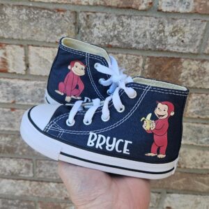Personalized Name Birthday Curious George Monkey Black High Top Sneaker Custom Shoes Gift