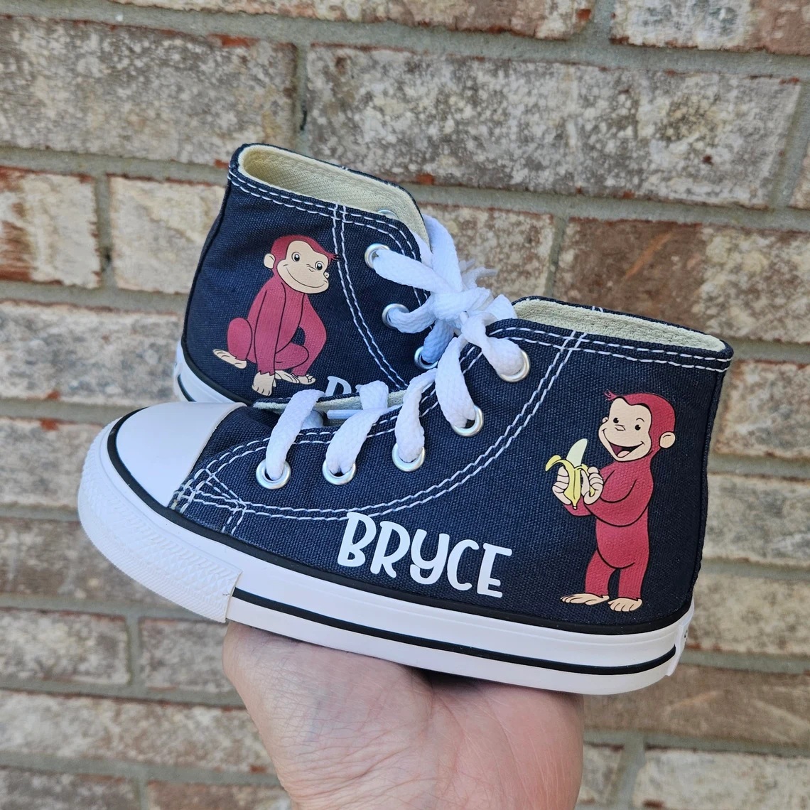Personalized Name Birthday Curious George Monkey Black High Top Sneaker Custom Shoes Gift