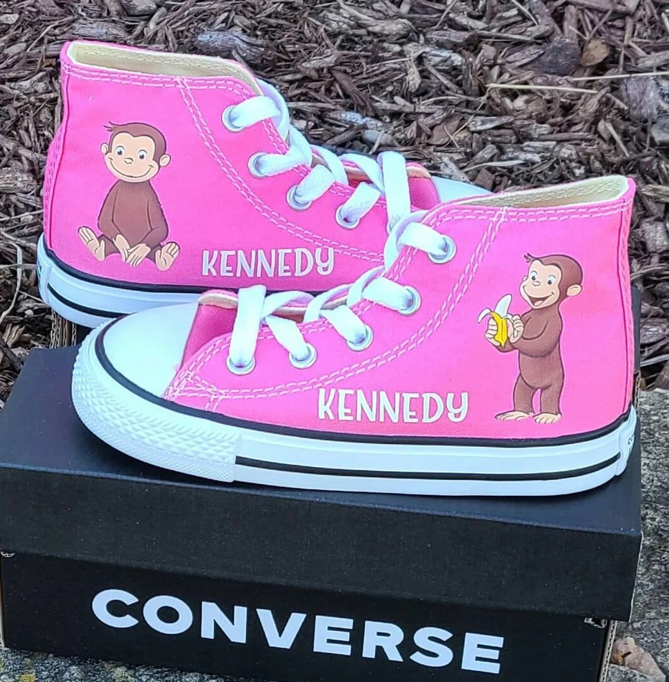Personalized Name Birthday Curious George Monkey Pink High Top Sneaker Custom Shoes Gift