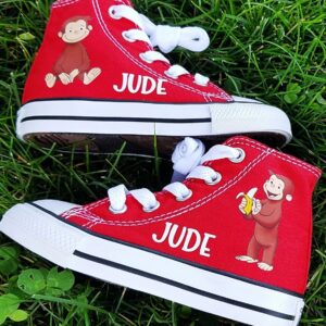 Personalized Name Birthday Curious George Monkey Red High Top Sneaker Custom Shoes Gift