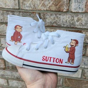 Personalized Name Birthday Curious George Monkey White High Top Sneaker Custom Shoes Gift