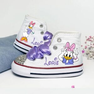 Personalized Name Birthday Daisy Duck White High Top Sneaker Custom Shoes Gift