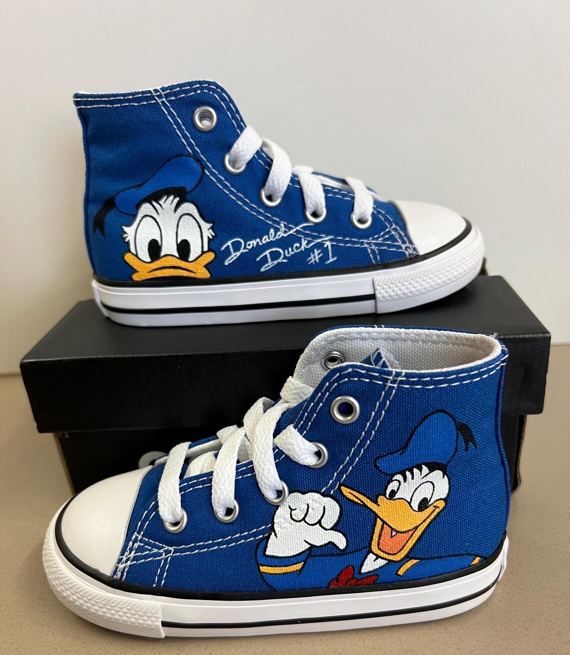 Personalized Name Birthday Donald Duck Signature Blue High Top Sneaker Custom Shoes Gift