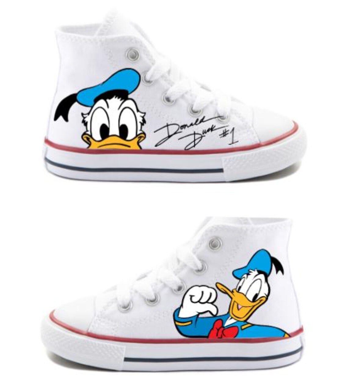 Personalized Name Birthday Donald Duck Signature White High Top Sneaker Custom Shoes Gift