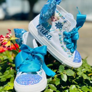 Personalized Name Birthday Frozen Queen Princess Elsa White High Top Sneaker Custom Shoes with Bow Gift