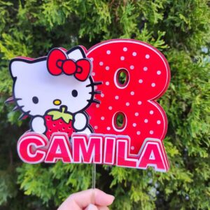 Custom Hello Kitty Strawberry 3D Cake Topper Personalized Birthday Party Decor Custom Name & Age