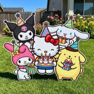 Hello Kitty and Friends holding Cake 5 Foot Coroplast Cutout Yard Sign Life Size Prop Decoration Party Birthday