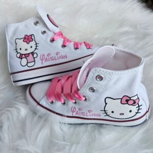 Personalized Name Birthday Hello Kitty Pink Bow Dress White High Top Sneaker Custom Shoes Gift