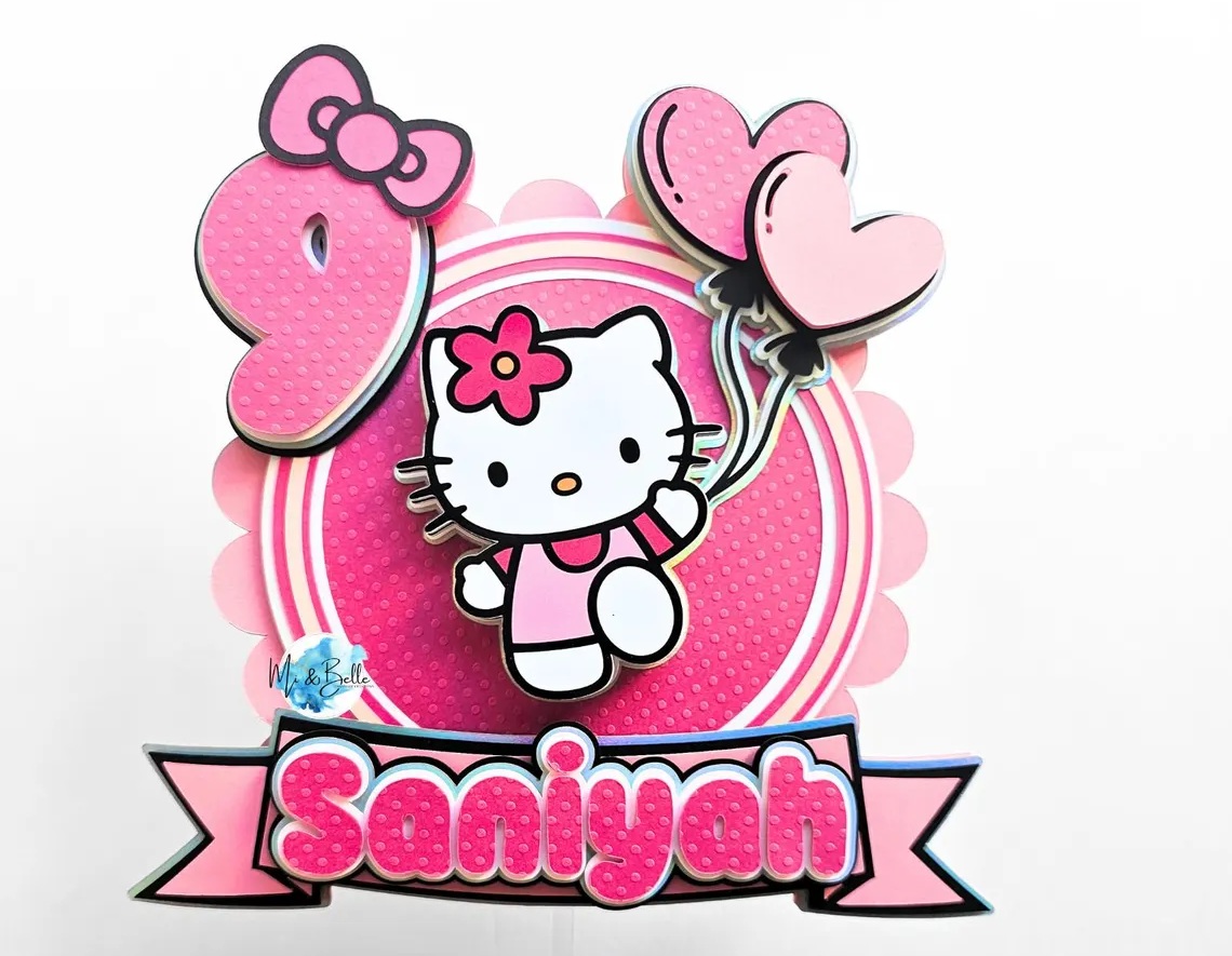 Custom Hello Kitty Pink 3D Cake Topper Personalized Birthday Party Decor Custom Name & Age
