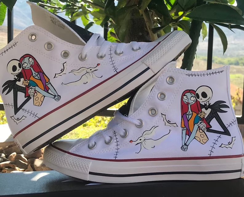 Personalized Name Birthday The Nightmare Before Christmas Jack and Sally White High Top Sneaker Custom Shoes Gift