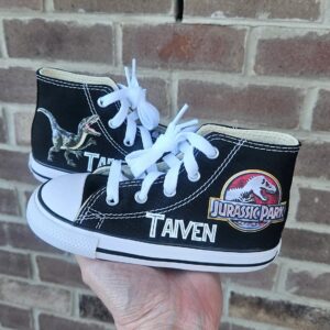 Personalized Name Birthday Jurassic Park Raptor Dinosaur Black High Top Sneaker Custom Shoes Gift