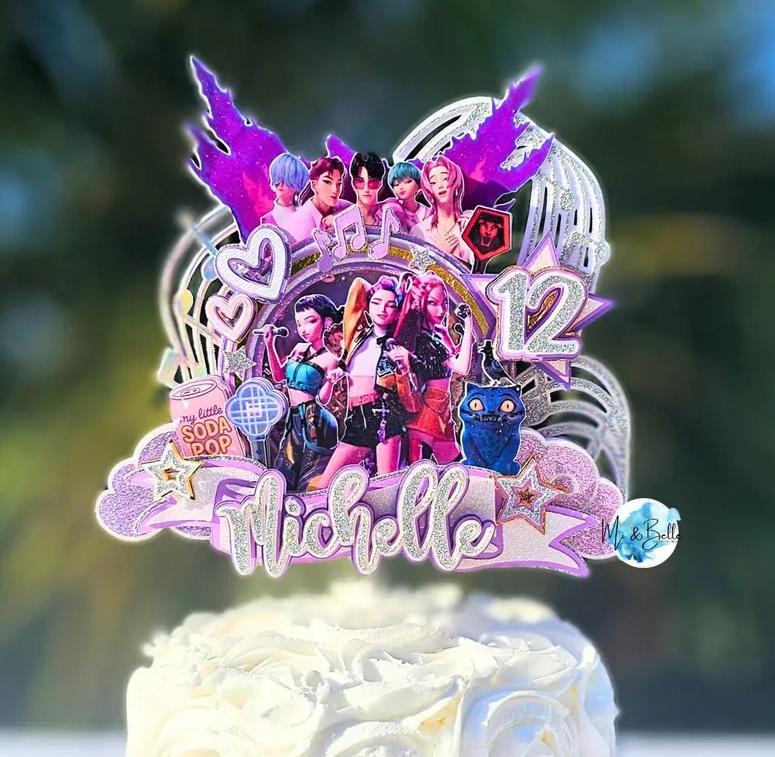Custom KPop Demon Hunter Huntrix 3D Cake Topper Personalized Birthday Party Decor Custom Name & Age