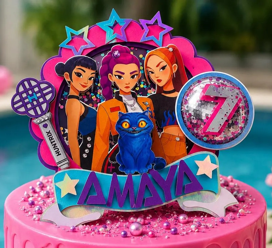 Custom Huntrix Kpop Demon Hunters and Tiger 3D Cake Topper Personalized Birthday Party Decor Custom Name & Age