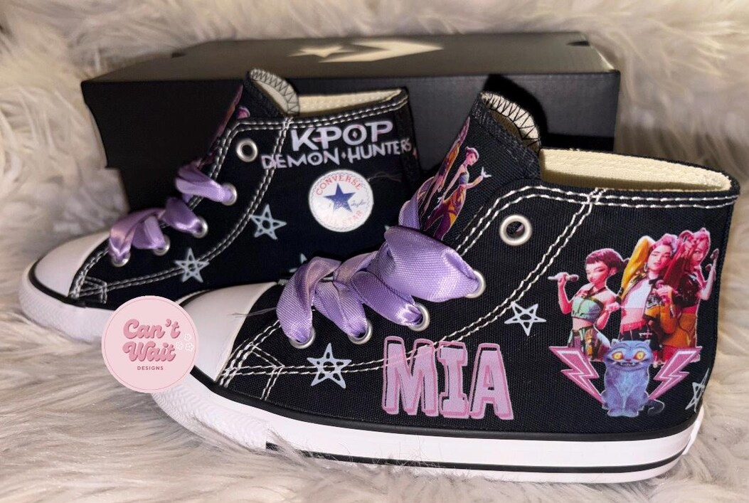 Personalized Name Birthday Kpop Demon Hunters Huntrix Group Black High Top Sneaker Custom Shoes Gift