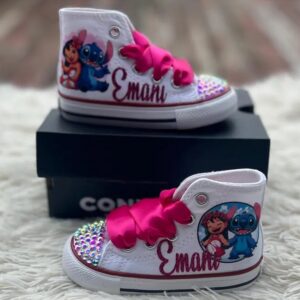 Personalized Name Birthday Lilo and Stitch Chibi Cute White High Top Sneaker Custom Shoes Gift