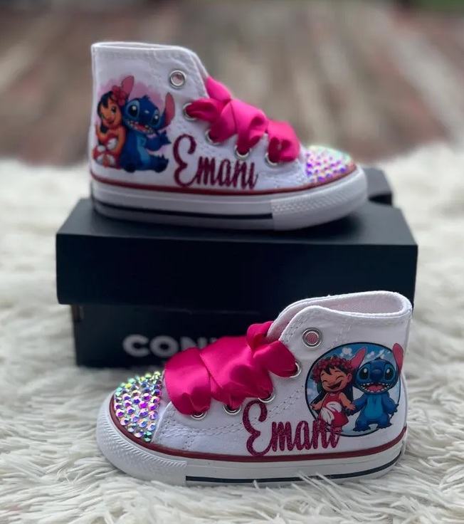 Personalized Name Birthday Lilo and Stitch Chibi Cute White High Top Sneaker Custom Shoes Gift