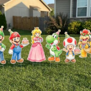 Super Mario Characters holding cake gifts Coroplast Cutout Yard Sign Life Size Prop Decoration Party Birthday