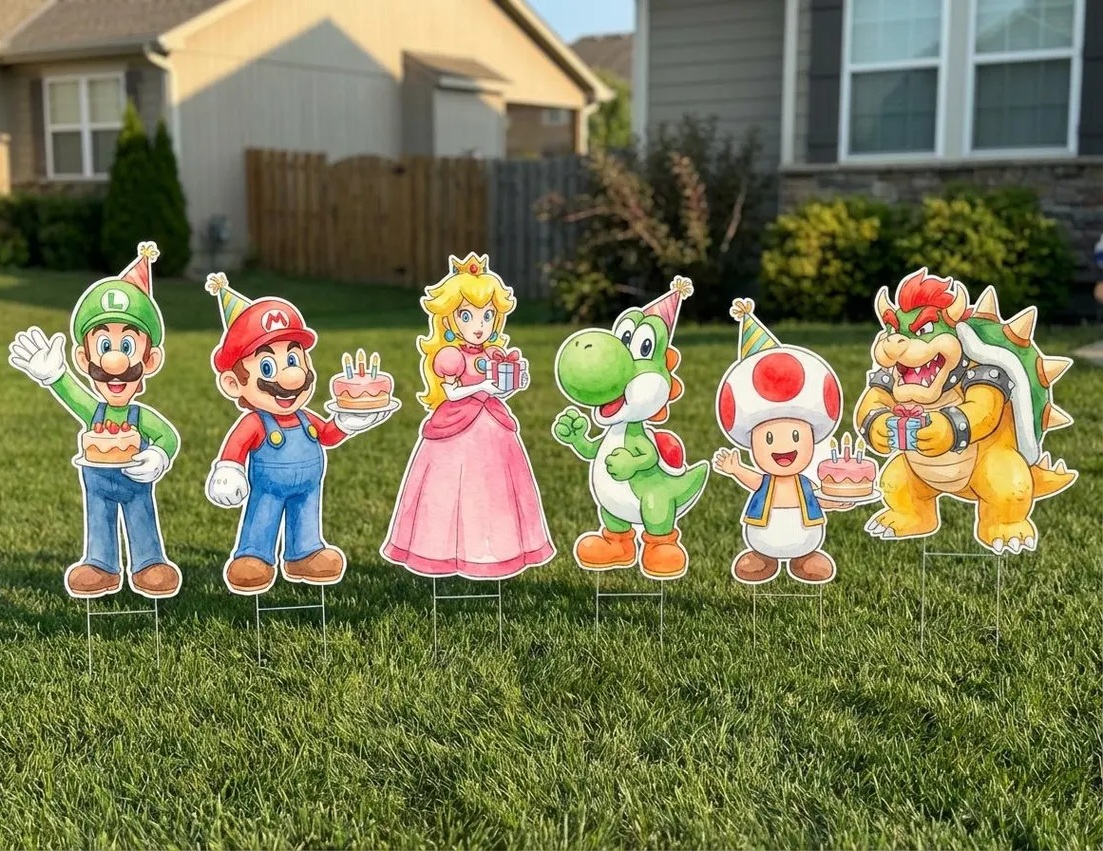 Super Mario Characters holding cake gifts Coroplast Cutout Yard Sign Life Size Prop Decoration Party Birthday