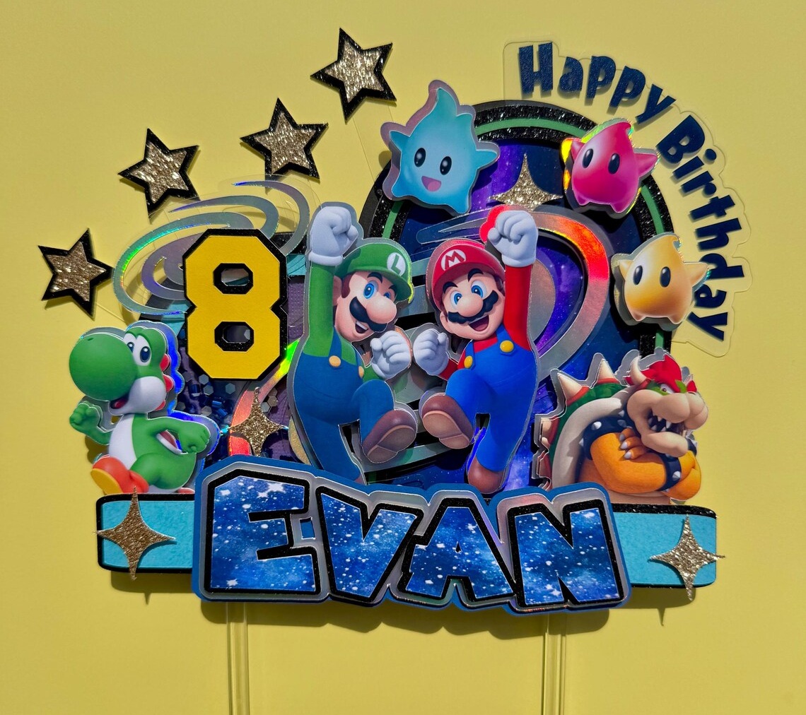 Custom Super Mario Galaxy 3D Cake Topper Personalized Birthday Party Decor Custom Name & Age