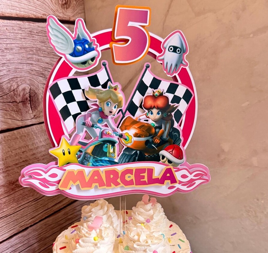 Custom Mario Kart Peach and Daisy 3D Cake Topper Personalized Birthday Party Decor Custom Name & Age