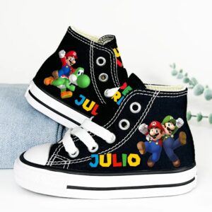 Personalized Name Birthday Super Mario Luigi Yoshi Black High Top Sneaker Custom Shoes Gift