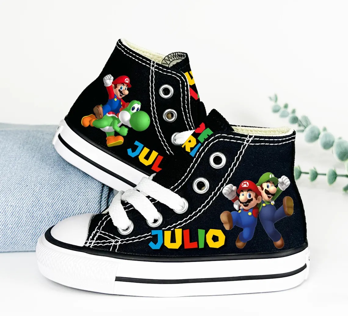 Personalized Name Birthday Super Mario Luigi Yoshi Black High Top Sneaker Custom Shoes Gift