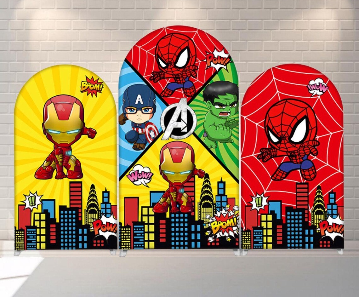 Marvel Heroes Chibi Superheroes Fabric Arch Cover Backdrop Background 7.2ft by 4ft Life Size Prop Decoration Party Birthday