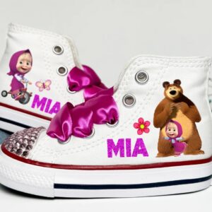 Personalized Name Birthday Masha and the Bear White High Top Sneaker Custom Shoes Gift