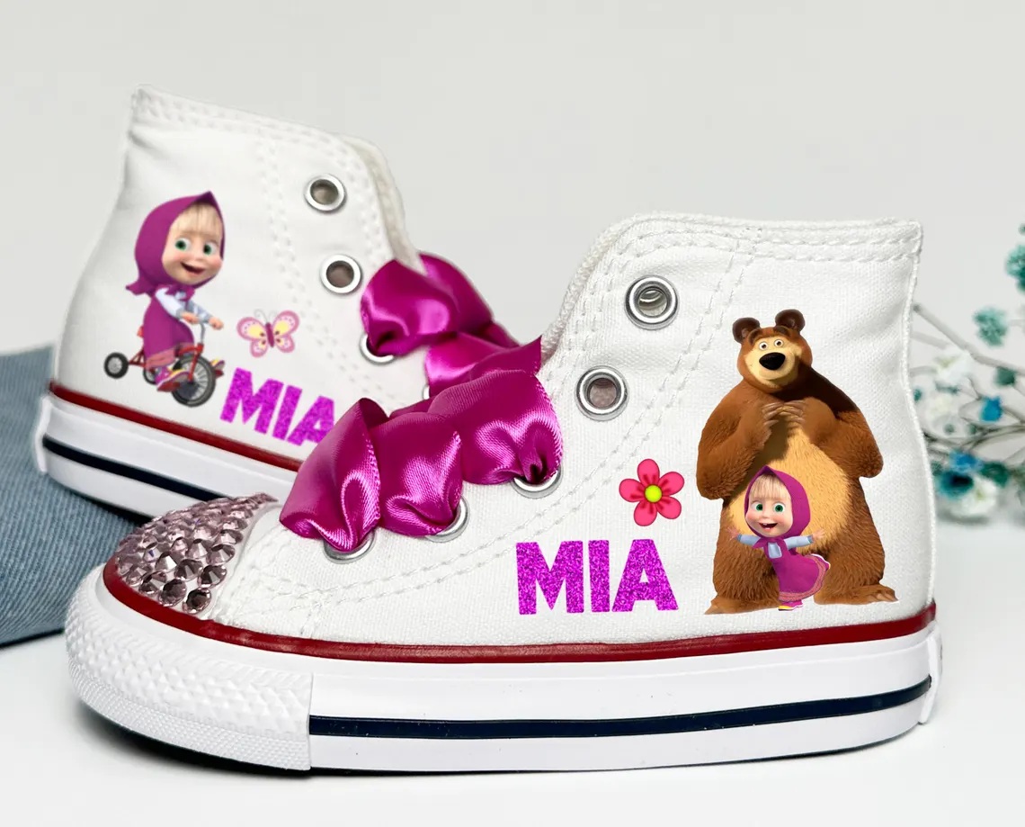 Personalized Name Birthday Masha and the Bear White High Top Sneaker Custom Shoes Gift