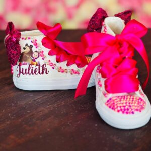 Personalized Name Birthday Masha and the Bear White High Top Sneaker Custom Shoes with Bow Gift