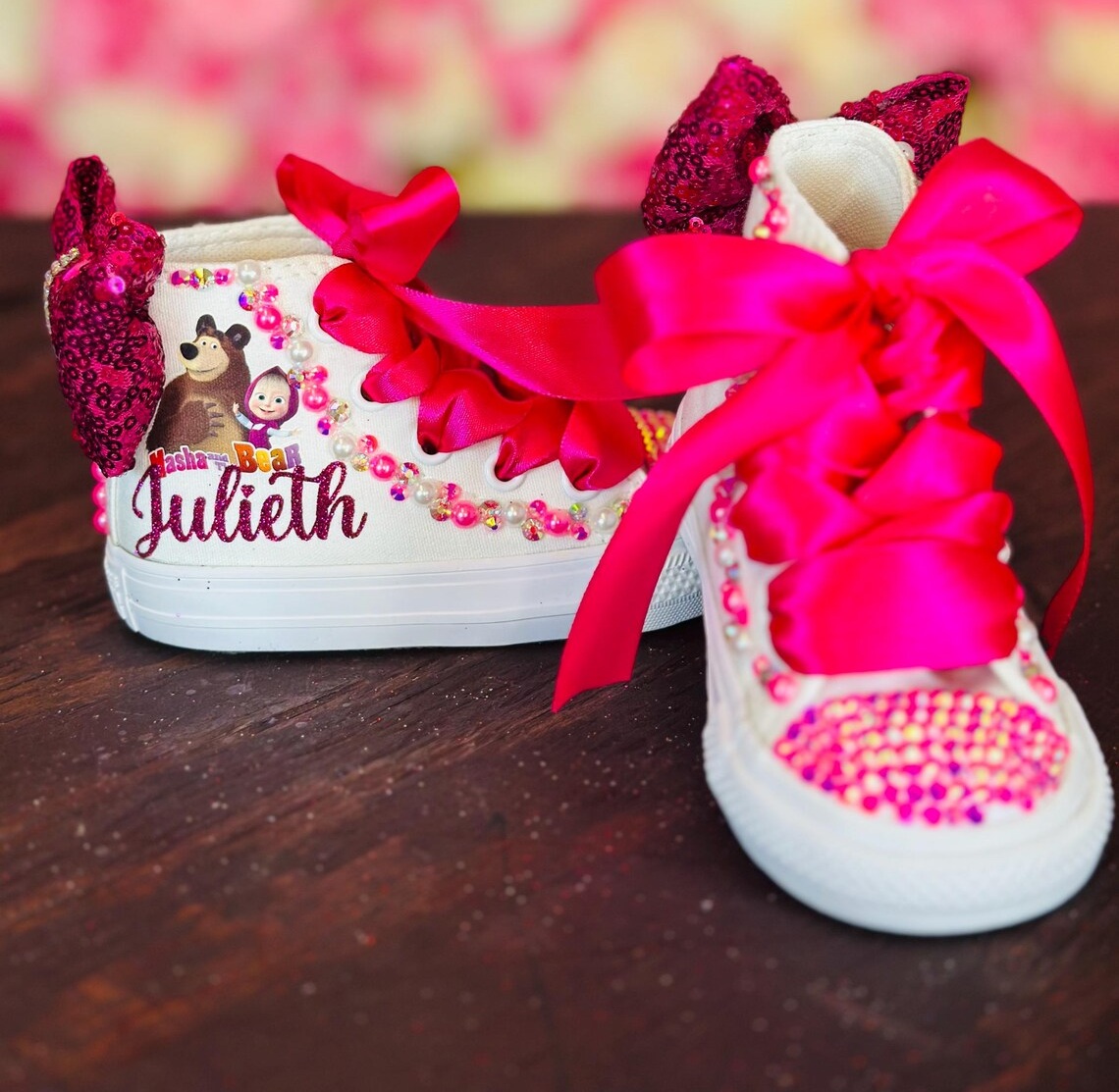 Personalized Name Birthday Masha and the Bear White High Top Sneaker Custom Shoes with Bow Gift