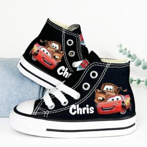 Personalized Name Birthday Lightning McQueen and Mater Black High Top Sneaker Custom Shoes Gift