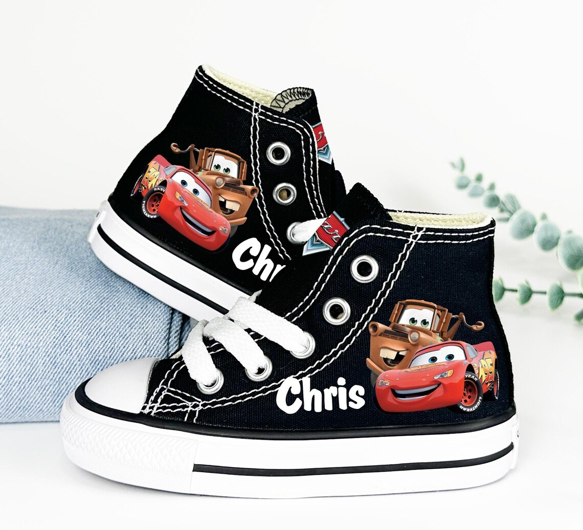 Personalized Name Birthday Lightning McQueen and Mater Black High Top Sneaker Custom Shoes Gift