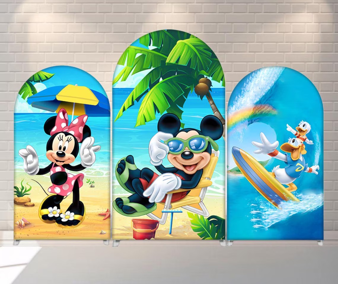 Mickey Mouse and Friends Beach Pool Summer Fabric Arch Cover Backdrop Background 7.2ft by 4ft Life Size Prop Decoration Party Birthday