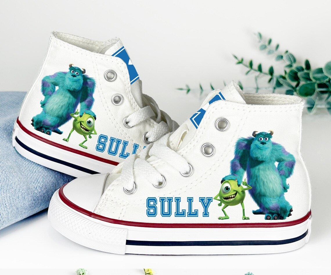 Personalized Name Birthday Monsters Inc Sulley and Mike White High Top Sneaker Custom Shoes Gift