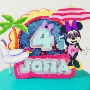 Custom Minnie Mouse Beach Pool Summer 3D Cake Topper Personalized Birthday Party Decor Custom Name & Age