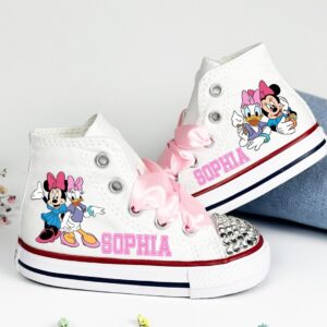 Personalized Name Birthday Minnie Mouse and Daisy Duck White High Top Sneaker Custom Shoes Gift