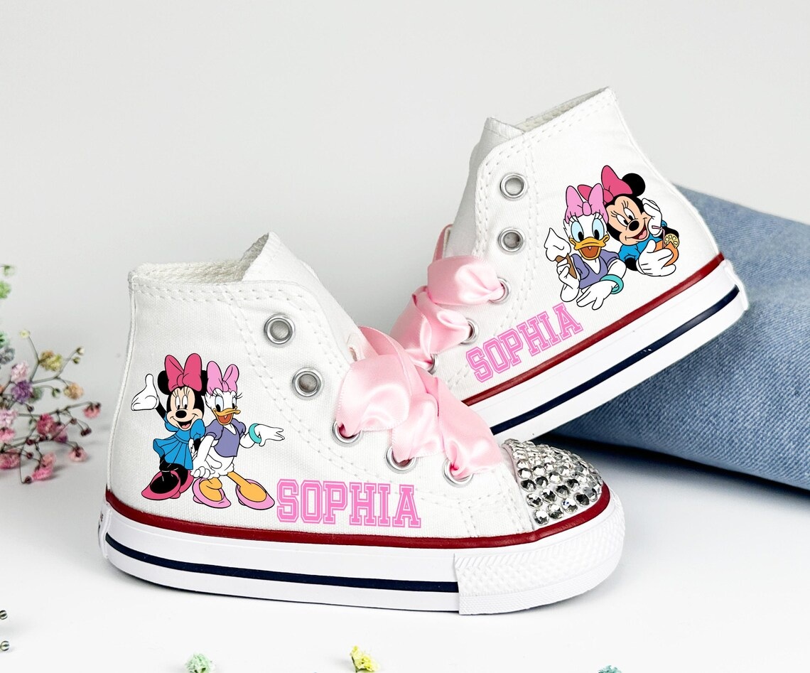 Personalized Name Birthday Minnie Mouse and Daisy Duck White High Top Sneaker Custom Shoes Gift