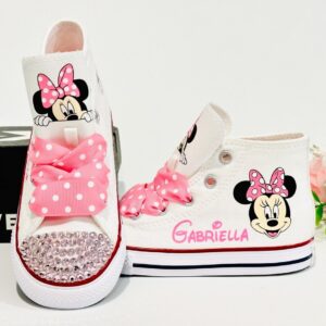 Personalized Name Birthday Minnie Mouse Head Pink Bow White High Top Sneaker Custom Shoes Gift