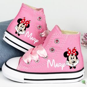 Personalized Name Birthday Minnie Mouse Head Red Bow Pink High Top Sneaker Custom Shoes Gift