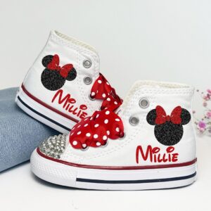 Personalized Name Birthday Minnie Mouse Head Silhouette Ears Red Bow White High Top Sneaker Custom Shoes Gift