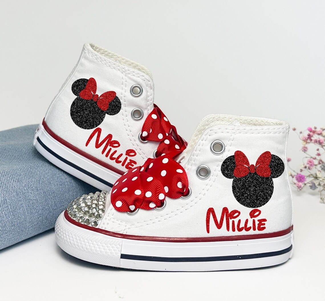Personalized Name Birthday Minnie Mouse Head Silhouette Ears Red Bow White High Top Sneaker Custom Shoes Gift