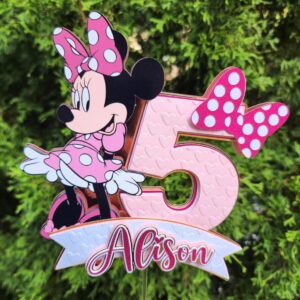 Custom Minnie Mouse Pink 3D Cake Topper Personalized Birthday Party Decor Custom Name & Age