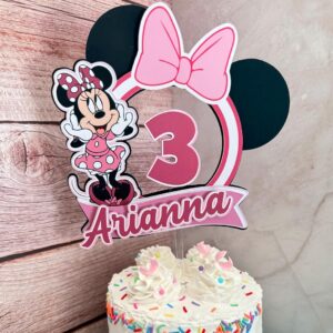 Custom Minnie Mouse Pink Dress Pink Bow Ears 3D Cake Topper Personalized Birthday Party Decor Custom Name & Age