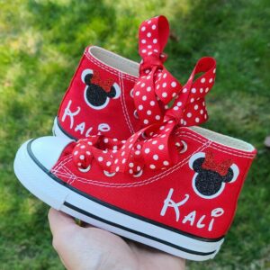 Personalized Name Birthday Minnie Mouse Ears Red Bow Red High Top Sneaker Custom Shoes Gift