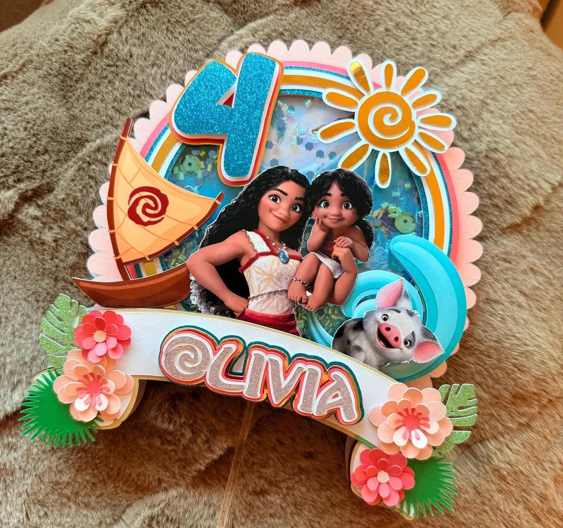 Custom Moana and Friends 3D Cake Topper Personalized Birthday Party Decor Custom Name & Age